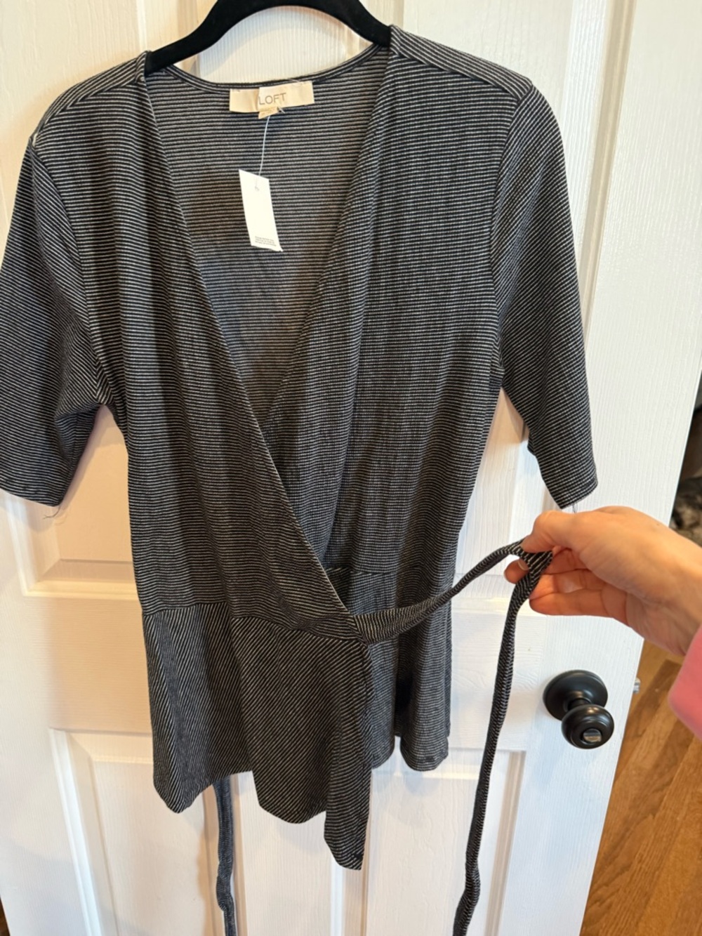 LOFT Black and White Striped Wrap Top